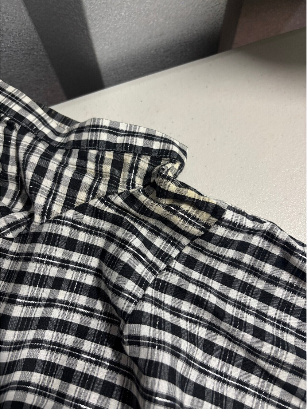 At Last Black White Plaid Fitted Button Up Puff Sleeve Shirt M Y2K Office Siren - Picture 7 of 8